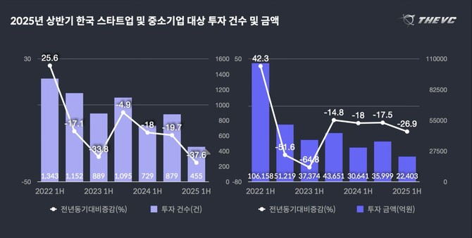 2025년 상반기 한국 스타트업·중소기업 대상 투자 건수 및 투자 금액 TOP 10. © 더브이씨