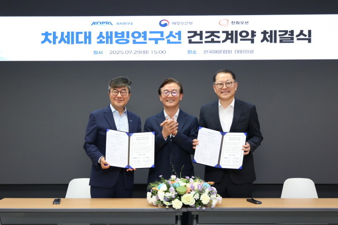 29일 서울 영등포구 한국해운협회 대회의실에서 열린 '차세대 쇄빙연구선 건조계약 체결식'에서 신형철 해양수산부 극지연구소 소장(왼쪽부터), 전재수 해양수산부 장관, 김희철 한화오션 대표이사가 기념촬영을 하고 있다. ⓒ 한화오션