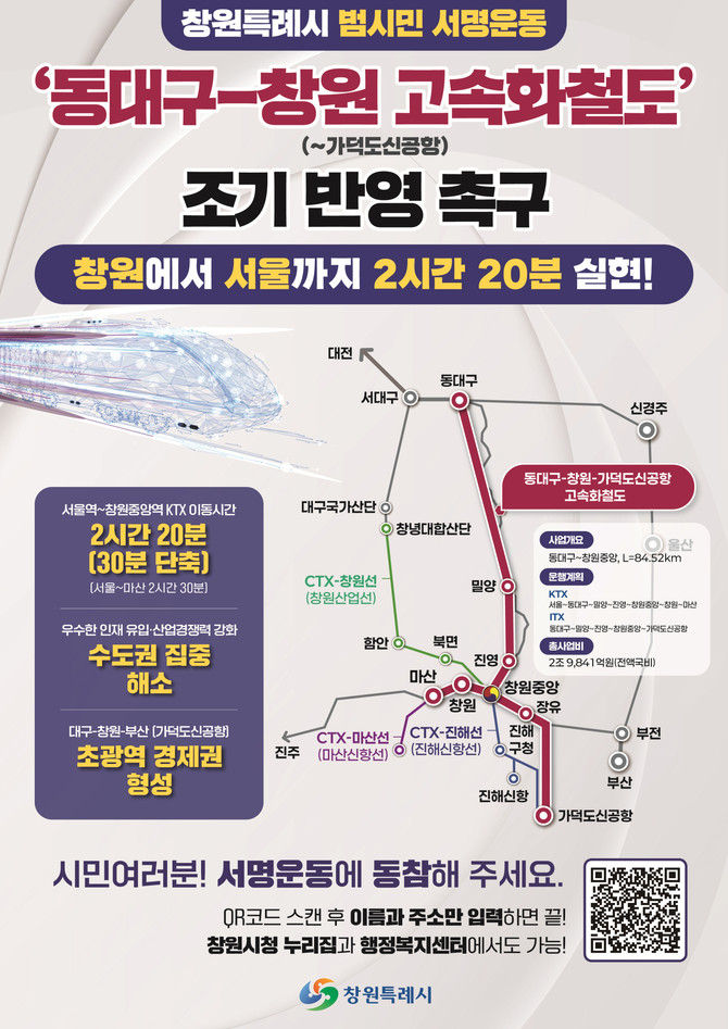 창원~서울 간 KTX 2시간 20분 실현해 수도권 집중 해소 및 국가균형성장 발판이 될 '동대구~창원 고속화철도 조기 반영 촉구' 범시민 서명운동 포스터. ⓒ 창원시