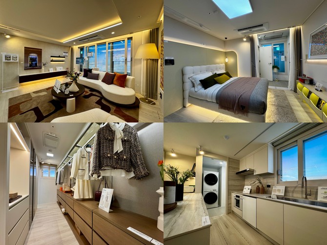 84㎡ 타입은 넓은 4Bay 거실과 세라믹 아트월, 고급 조명 시스템이 어우러져 프리미엄 감성을 강조했다. = 김주환 기자