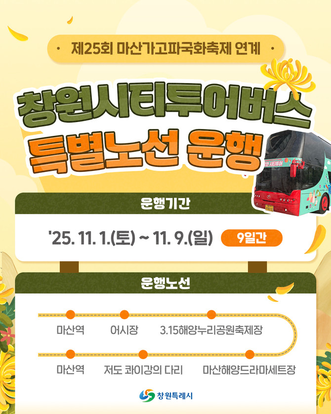 마산가고파국화축제 연계 '창원시티투어버스 특별노선' 홍보용 카드뉴스.