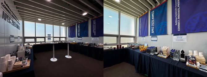 내부에는 취재진의 피로를 달래줄 다과와 음료가 곳곳에 비치돼 있다. = 김주환