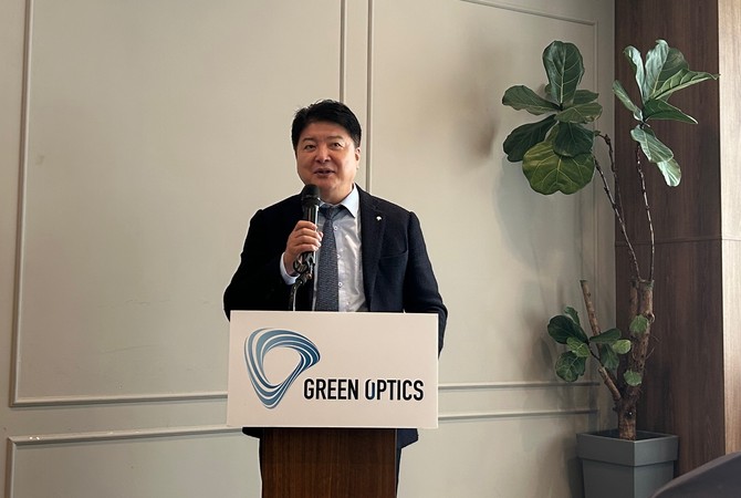 조현일 그린광학 대표가 30일 서울 여의도에서 열린 기업공개(IPO) 기자간담회에서 발표하고 있다. = 박대연 기자