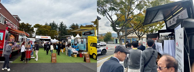IMC 건너편 푸드스테이션. 다양한 음식이 준비돼 취재진들의 호응을 얻었다. = 김주환 기자