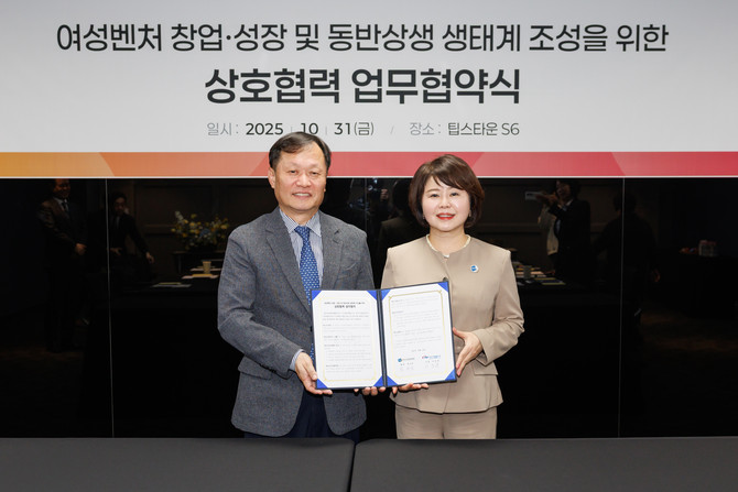 (우측부터) 성미숙 회장·이정복 사장이 여성벤처 창업·ESG 강화를 위한 업무협약을 체결했다. ⓒ 한국여성벤처협회