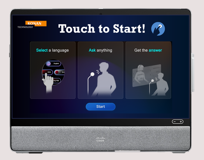 부산역 시범 설치 예정인 코난 챗봇 플러스 단말기 Cisco의 Desk Pro로 구현한 서비스 화면. ⓒ 코난테크놀로지