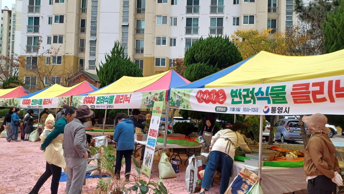 통영시가 무전동 한진로즈힐 아파트에서 주민 140여명이 참여한 가운데 '찾아가는 반려식물 클리닉'을 운영하고 있다. ⓒ 통영시