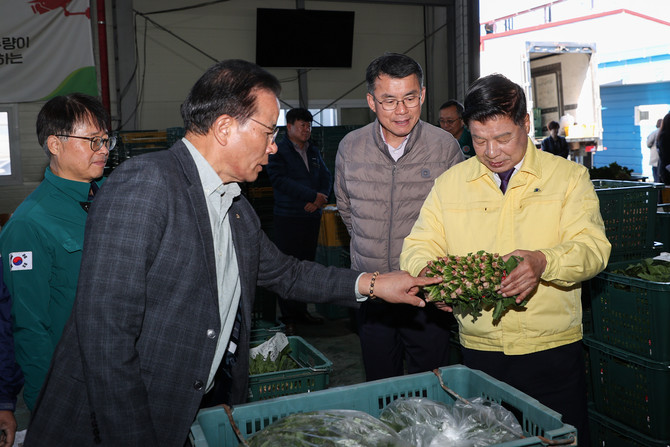 이상근 군수가 시금치 수확 철을 맞이해 동부농협 농산물 공판장을 방문해 농업인들과 소통하며 현장 애로사항을 청취하고 있다. ⓒ 고성군