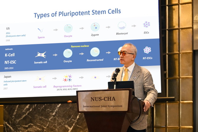 차광렬 차병원·차바이오그룹 연구소장이 지난 10일 싱가포르에서 열린 싱가포르국립대학(NUS)-CHA 심포지엄에 참석해 '난소 노화와 K-셀'을 주제로 특강했다. © 차병원