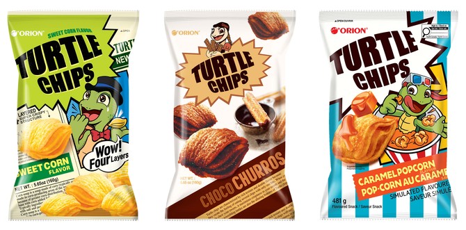 오리온 꼬북칩 콘스프맛, 초코츄러스맛, 카라멜팝콘맛 제품 이미지. ⓒ 오리온