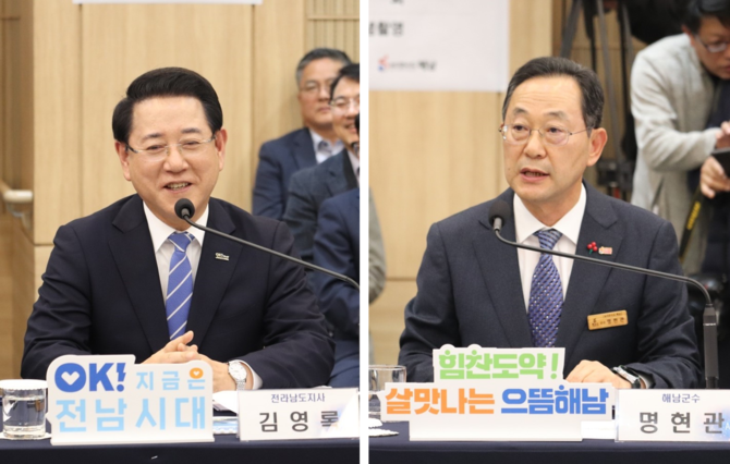 해남 전책비전 투어에서 발언하는 김영록 전남지사(좌측)와 명현관 해남군수. ⓒ 전남도청 종합기자단