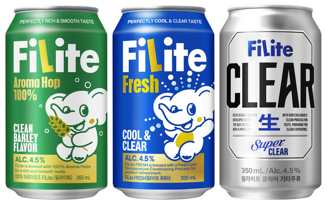 (왼쪽부터) 하이트진로 발포주 필라이트, 필라이트 후레쉬, 필라이트 클리어 제품. ⓒ 하이트진로