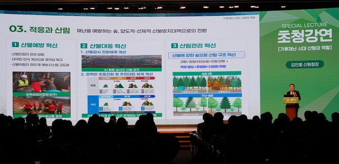 김인호 산림청장이 24일 '대한민국 탄소포럼 2025'에 참석해 기후재난 시대 산림의 역할을 주제로 초청강연을 하고 있다. ⓒ 산림청