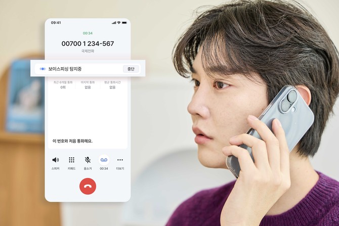 SKT 모델이 에이닷 전화의 'AI 보이스피싱 탐지' 기능을 사용하는 모습. ⓒ SK텔레콤