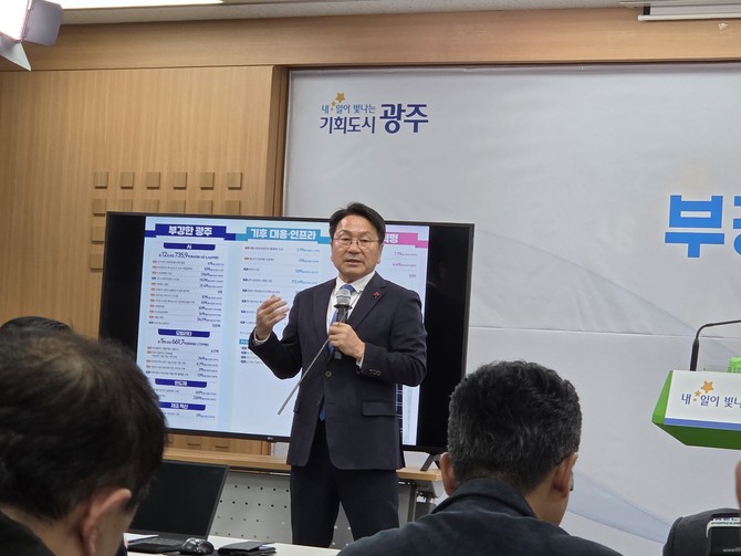 강기정 광주광역시장이 3일 오후 시청 비즈니스룸에서 2026년 국비예산 관련 기자회견을 하고 있다. ⓒ 프라임경제