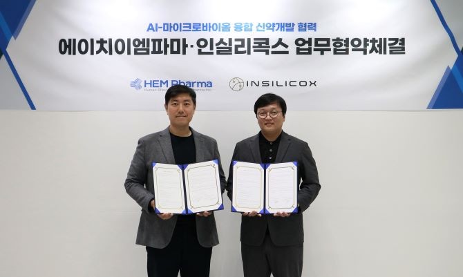 왼쪽부터 지요셉 에이치이엠파마 대표, 정대식 인실리콕스 대표. ⓒ 에이치이엠파마