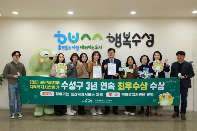 대구 수성구는 2025년 지역복지사업평가에서 3년 연속 최우수상 등 2개 분야에서 수상 후 김대권 수성구청장과 관계 공무원이 기념 촬영을 하고 있다. ⓒ 대구 수성구