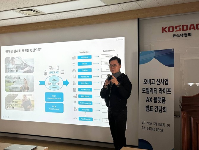 황도연 오비고 대표이사가 기자간담회에서 모빌리티 라이프 AX 플랫폼을 발표하고 있다. ⓒ 오비고