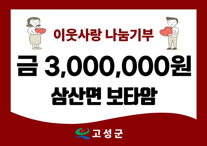 삼산면 덕산마을에 소재한 보타암이 연말을 맞아 지역 내 소외된 이웃을 위해 사용해 달라며 고성군에 기부한 300만원 증서. ⓒ 고성군