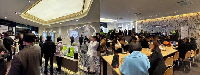 상담원에게 청약 일정과 대출 조건을 설명 듣는 방문객들 = 김주환 기자