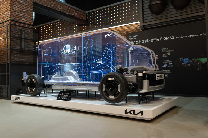 더 기아 PV5에 적용된 E-GMP.S 플랫폼 전시물. ⓒ 기아