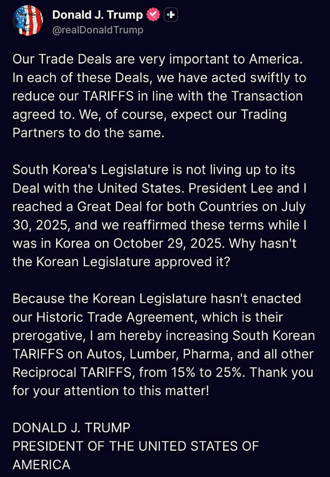 트럼프 대통령이 한국 국회가 대미 전략투자특별법 상정 지연을 이유로 관세를 15%에서 25%로 인상한다고 트루스소셜에 게시했다. ⓒ 트럼프 대통령 트루스소셜