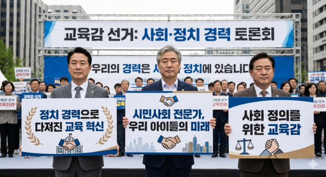 교육감 선거에 교육 경력은 없고, 사회·정치 경력을 내세워 인지도 확산에 열을 올리고 있다. ⓒAI이미지