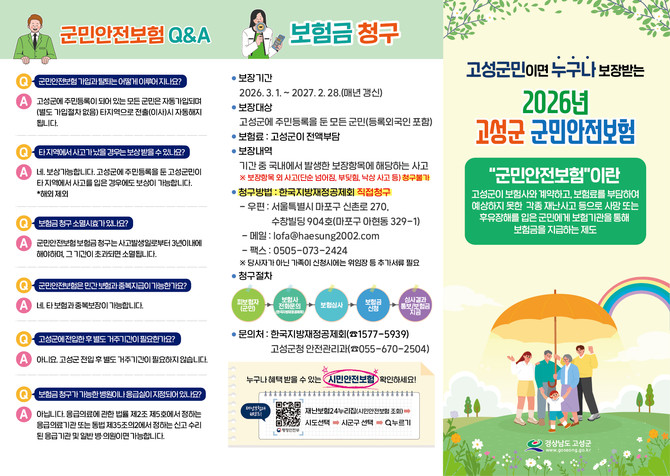 고성군이 일상생활 중 예상치 못한 각종 재난 및 사고 등으로 인해 군민이 피해를 당할 경우, 이를 보장할 수 있도록 전년도 보다 보장 범위를 넓혀 가입한 '2026년 군민안전보험' 안내 포스터. ⓒ 고성군