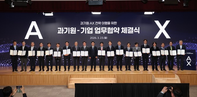 엘앤에프와 4대 과기원 및 협력사 관계자들이 지역산업 인공지능 전환(AX)을 위한 업무협약(MOU) 체결 후 기념촬영을 하고 있다. ⓒ 엘앤에프