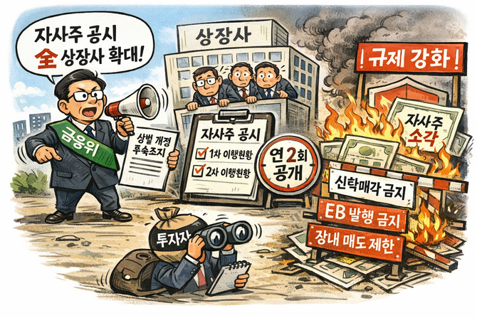 금융위원회가 자기주식(자사주) 공시 대상을 모든 상장사로 확대하고, 처리 계획뿐 아니라 실제 이행현황까지 연 2회 공개하도록 제도를 정비한다. ⓒ 챗GPT 생성 이미지