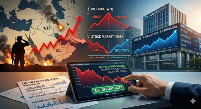 일부 전문가들은 미국과 이란 전쟁에 의한 주가 하락은 복원될 가능성이 존재하기에 앞으로를 주목해야 한다고 조언한다. ⓒ 제미나이 생성 이미지.