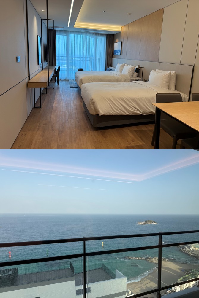 슈페리어 트윈 객실 내부 전경(상단)과 객실에서 바라본 오션뷰 전망. = 이인영 기자
