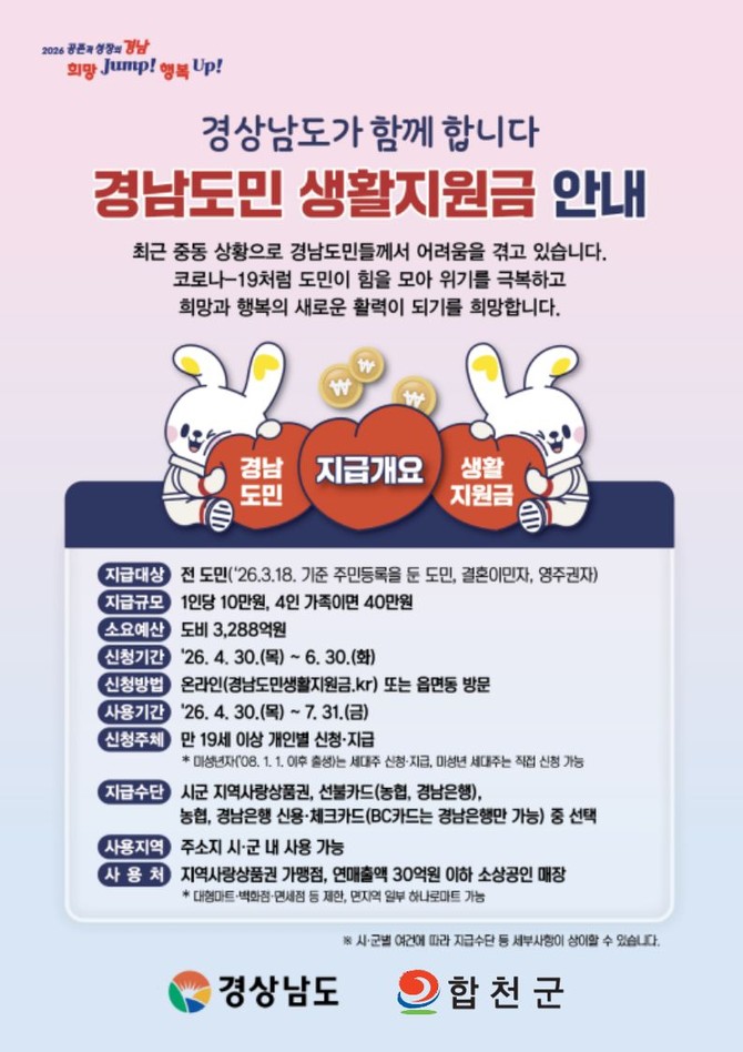 합천군이 정부의 고유가 피해지원금과는 별개로 추진하는 경남만의 민생안정 대책인 '경남도민 생활지원금' 지급 안내 포스터. ⓒ 합천군