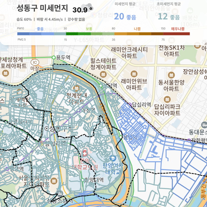 딥비전스 기술이 적용된 서울시 성동구 실시간 골목별 미세먼지 지도 화면. ⓒ 딥비전스