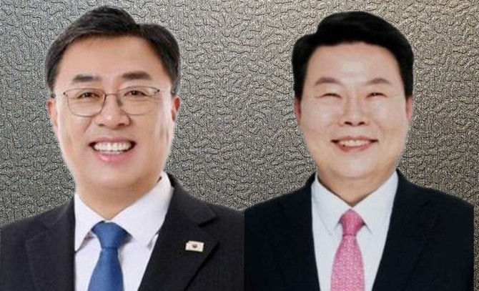 왼쪽부터 더불어민주당 김기재 후보, 국민의힘 소속 현직 오성환 후보. =오영태 기자