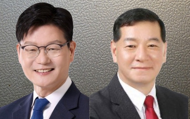 왼쪽부터 더불어민주당 김정섭 후보, 국민의힘 소속 현직 최원철 시장. =오영태 기자