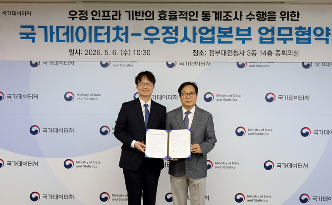 박인환 우정사업본부장(오른쪽)과 이명호 국가데이터처 차장이 6일 정부대전청사에서 효율적인 통계조사 수행을 위한 업무협약을 체결하고 있다. ⓒ 우정사업본부