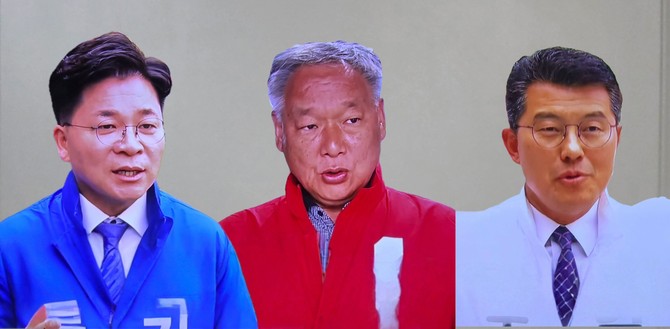 왼쪽부터 더불어민주당 김민수 후보, 국민의힘 이용우 후보, 무소속 김기석 후보. = 오영태 기자