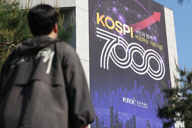 서울 영등포구 한국거래소 서울사무소 외벽에 코스피 7000 안내문이 붙어 있다. ⓒ 연합뉴스