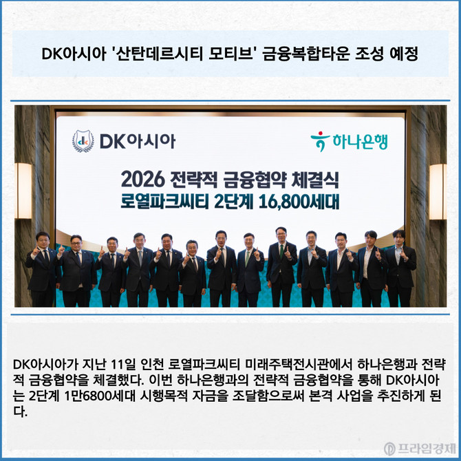 DK아시아와 하나은행 관계자들이 미래주택전시관에서 로열파크씨티 2단계 총 1만6800세대 대규모 프로젝트의 전략적 금융협약 체결 후 기념촬영을 하고 있다. Ⓒ DK아시아