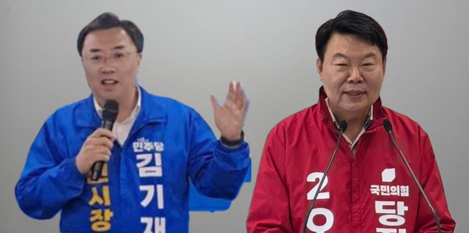 왼쪽부터 더불어민주당 김기재 후보, 국민의힘 오성환 후보. = 오영태 기자