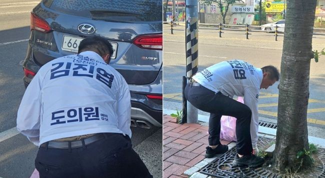 오천 서문일대에서 아침 일찍 쓰레기 줍기로 선거 운동을 펼치고 있는 김진엽 포항시제8선거구(오천읍) 경북도의원 예비후보. ⓒ 김진엽 후보 페이스북 캡처