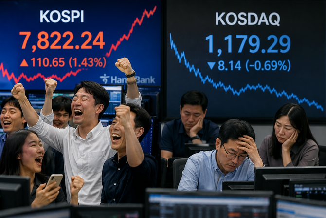 코스피가 반도체 랠리에 힘입어 '8000피' 시대를 눈앞에 두고 있지만, 코스닥 시장은 바이오 업종 부진과 자금 이탈이 겹치며 상반되는 분위기를 보이고 있다. ⓒ 챗GPT 생성 이미지