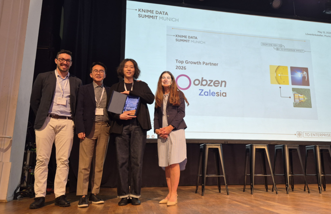 오브젠이 이달 12일 독일 뮌헨에서 열린 'KNIME Data Summit 2026'에서 'Top Growth Partner 2026 Award'를 수상했다. ⓒ 오브젠