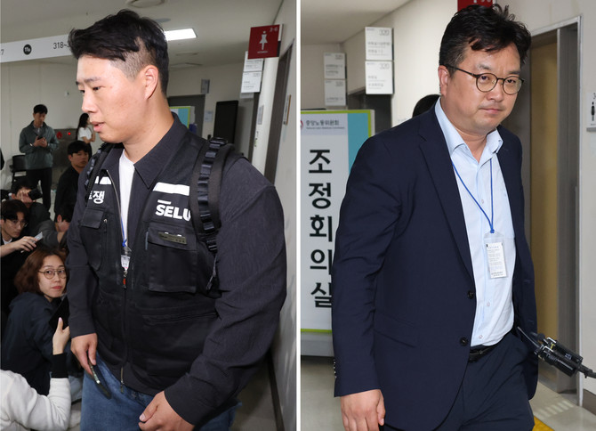 삼성전자 대표교섭위원인 김형로 부사장(오른쪽 사진)과 최승호 초기업노조 삼성전자지부 위원장(왼쪽 사진)이 지난 13일 새벽 세종시 정부세종청사 중앙노동위원회에서 2026년 임금협약 체결을 위한 2차 사후조정이 결렬된 후 협상장을 각각 떠나고 있다. ⓒ 연합뉴스