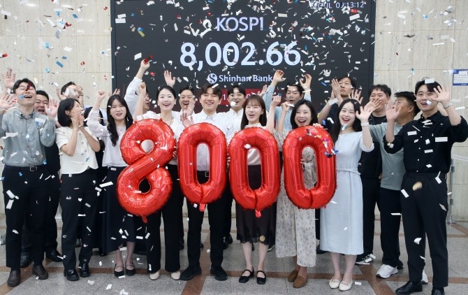 '코스피 8000 돌파' 신한은행 본점 현황판 사진. Ⓒ 신한은행
