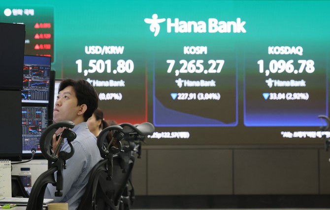 코스피가 개인과 기관 매수세에 힘입어 상승 마감하며 7500선을 회복했다. 사진은 금일 오전 서울 중구 하나은행 딜링룸 모습. ⓒ 연합뉴스