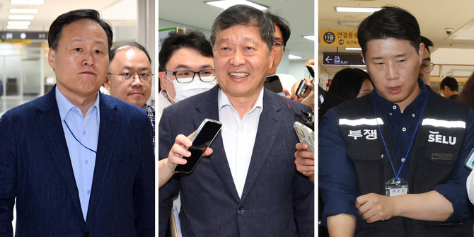삼성전자 사측 대표교섭위원인 여명구 DS(디바이스솔루션·반도체 사업 담당) 피플팀장(왼쪽부터), 박수근 중앙노동위원장, 삼성그룹 초기업노동조합 삼성전자지부 최승호 위원장이 총파업 예고 시점을 이틀 앞둔 지난 19일 정부세종청사 중앙노동위원회에서 열린 2차 사후조정 2일차 오후 회의에 참석하고 있다. ⓒ 연합뉴스
