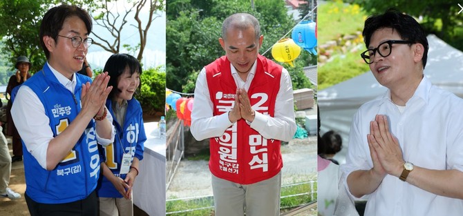 부처님오신날을 맞아 24일 부산 북갑 보궐선거에 출마한 더불어민주당 하정우(왼쪽부터), 국민의힘 박민식, 무소속 한동훈 후보가 사찰을 돌며 합장하고 있다. ⓒ 연합뉴스