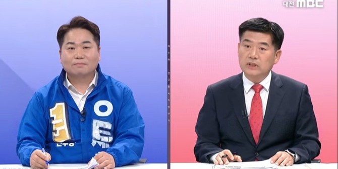 오세훈 후보와 맹의석 후보가 2026년 6·3 동시지방선거 아산시장 후보자 토론회에서 정책보좌관 및 특별채용 문제를 두고 공방을 벌이고 있다. ⓒ 대전MBC 캡처